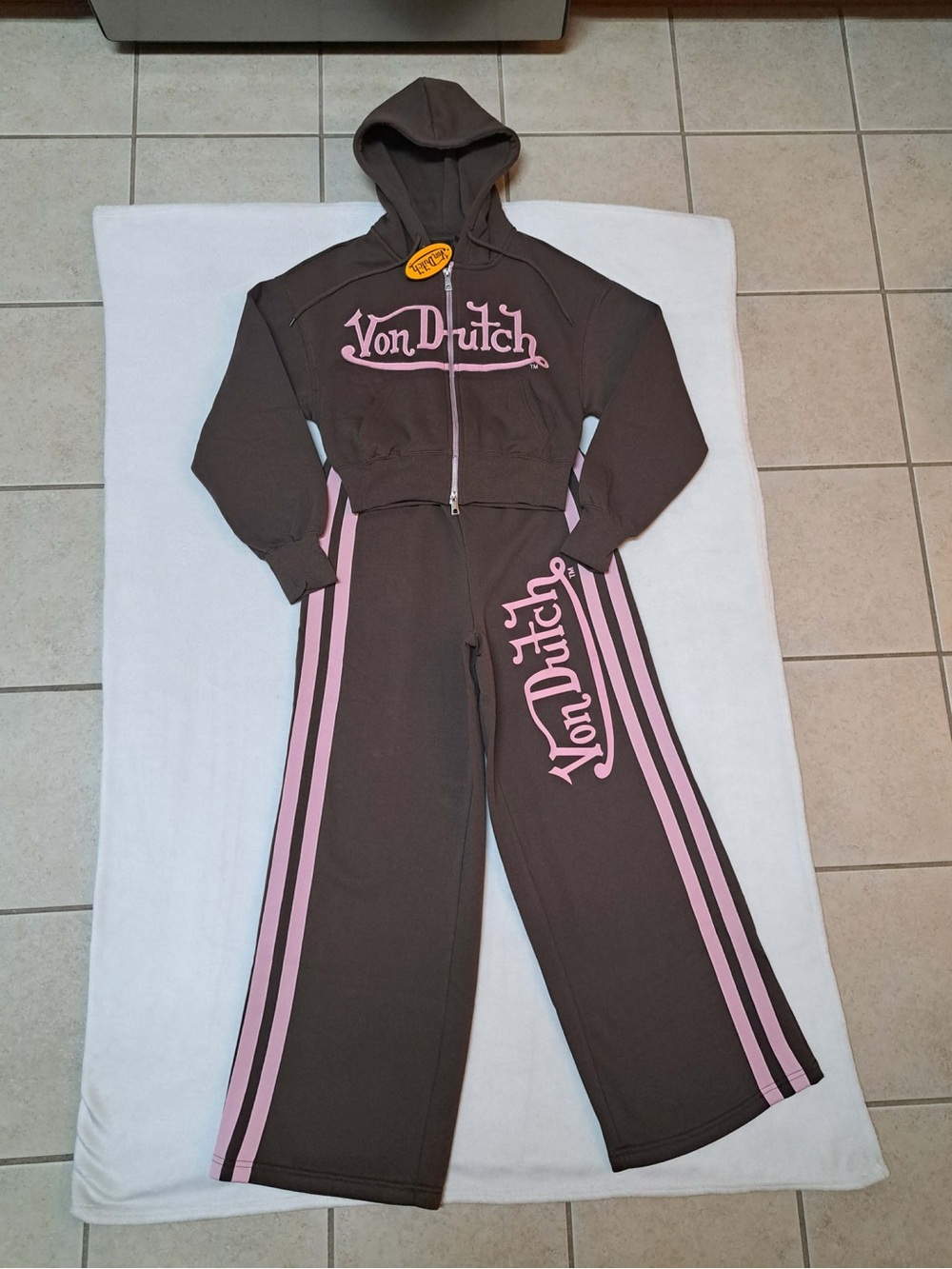 Von Dutch Zip-Up Crop Hoodie with Matching Wide-Leg Sweatpants Set